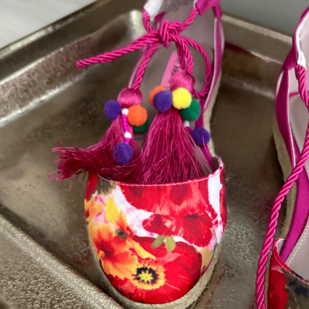 Betsey Johnson Hot Pink Floral Espadrille Wedges with Pom Tassel Ties - Picture 6 of 6